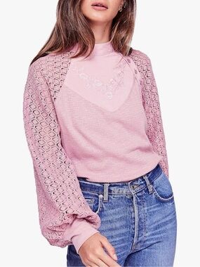 Free People Rose Pink Lace Sleeve Pullover